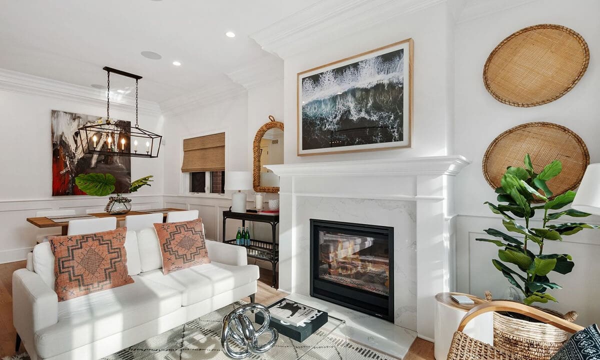 Cozy living room with a fireplace and elegant decor.