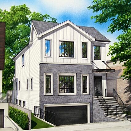 Modern two-story house with a garage and large windows.