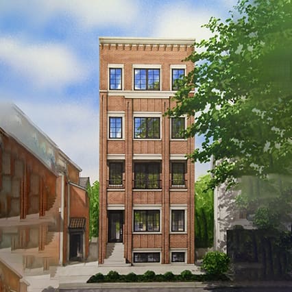 A painting of an old brick building with trees in the background.