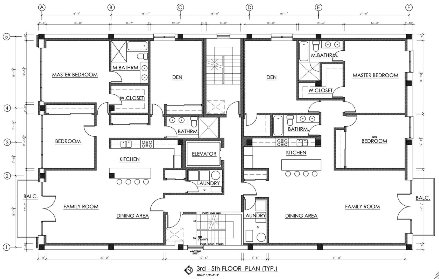 Architectural floor plans showing two residential units with detailed room layouts.